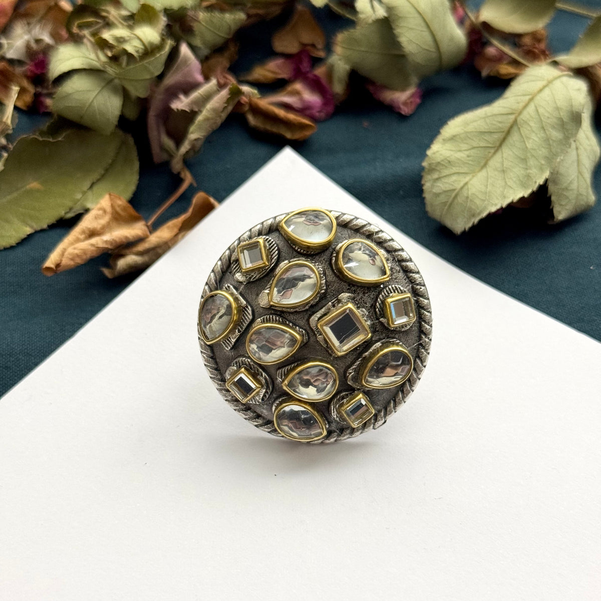 Premium Brass made Oxidised Adjustable Kundn Ring
