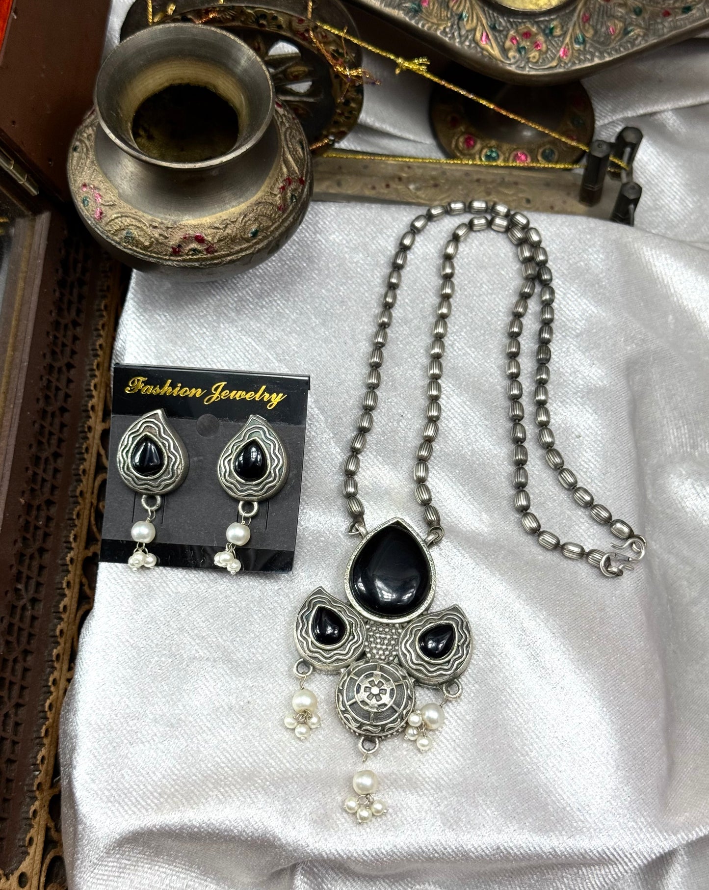 Premium Oxidised Ujala Pendant Set brass made