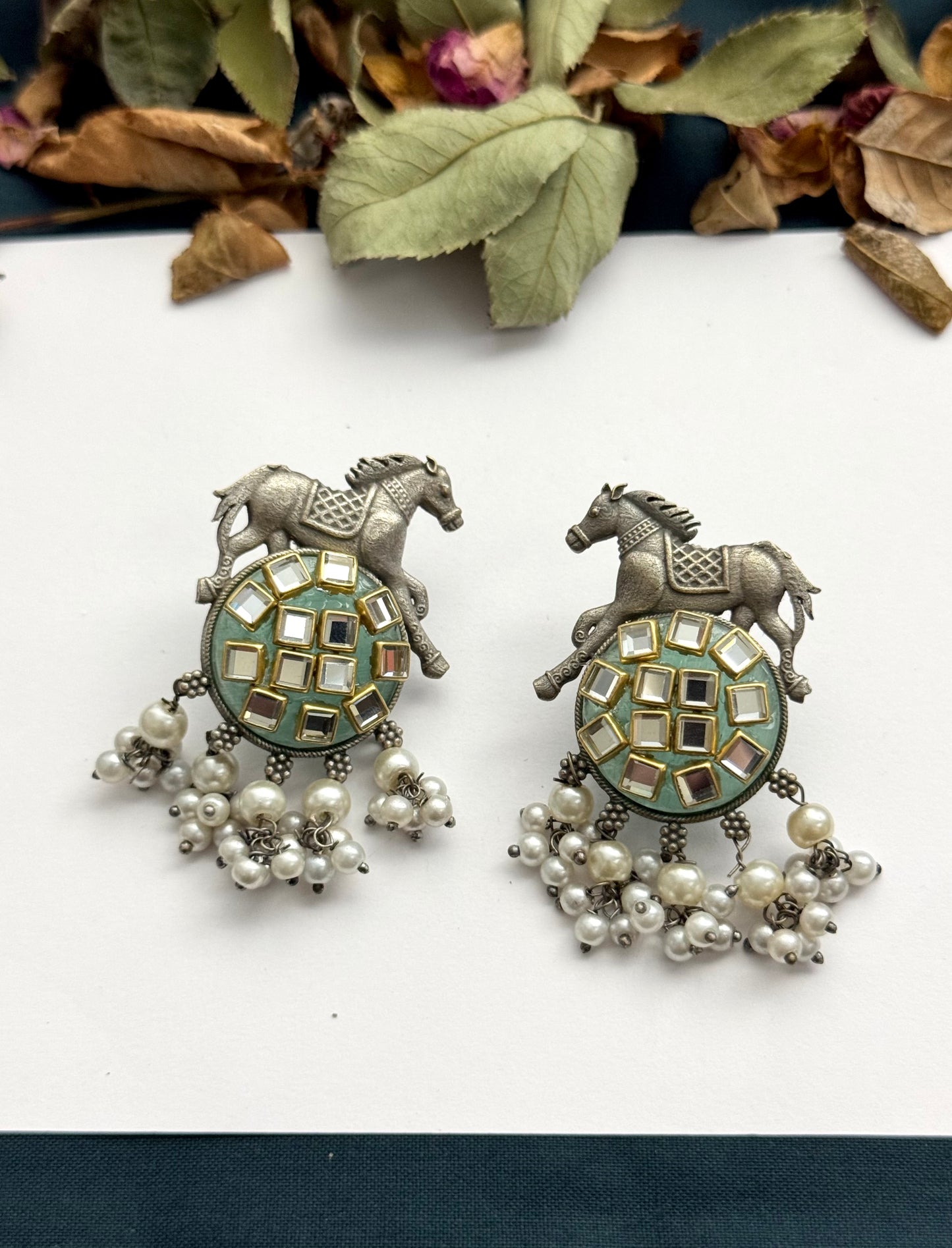 Premium Brass made Oxidised horse kundn Earrings