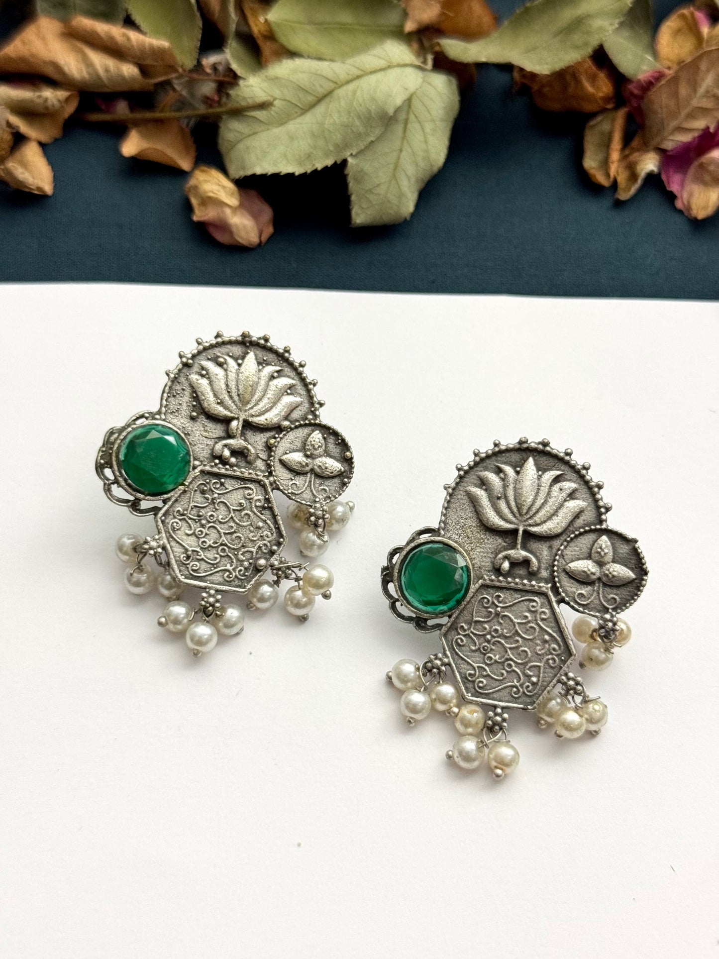 Premium brass made Oxidised Lotus Earrings