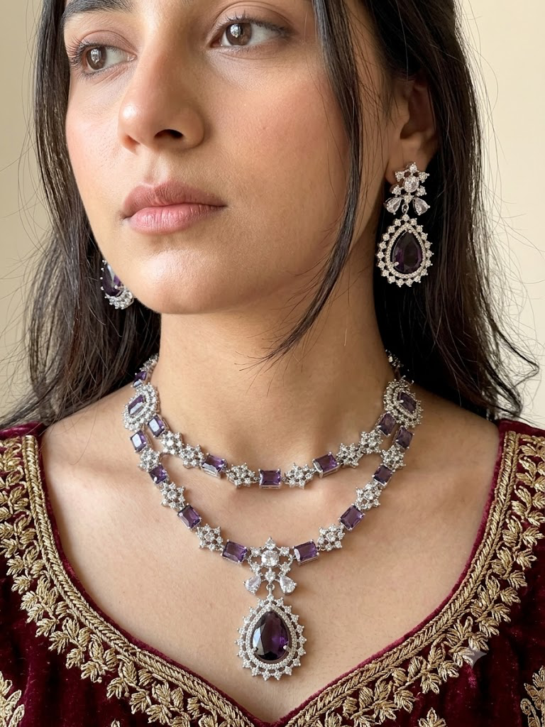 American Diamond 1karat Long Necklace Set