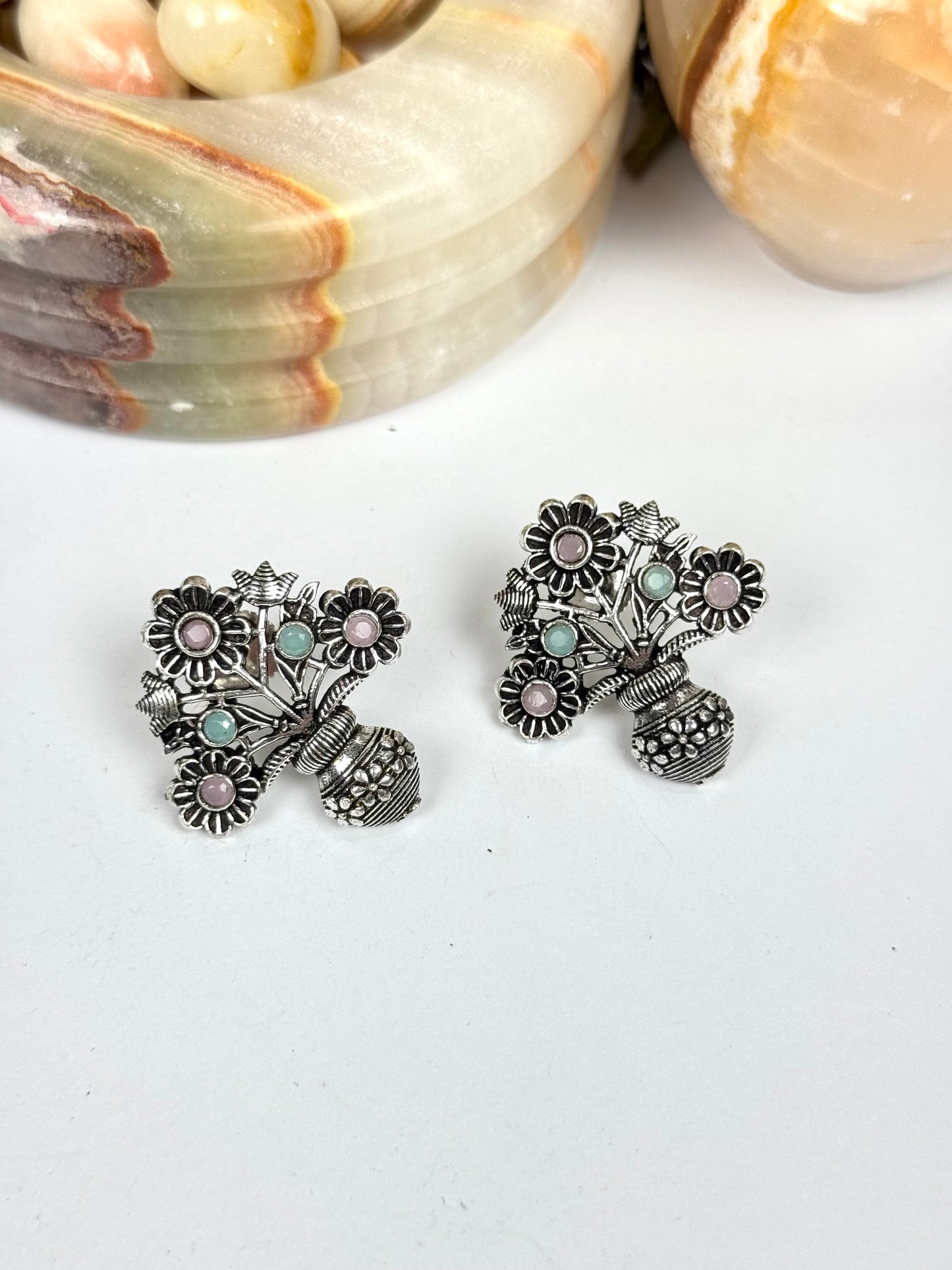 Premium Brass made Oxidised Flower Earrings