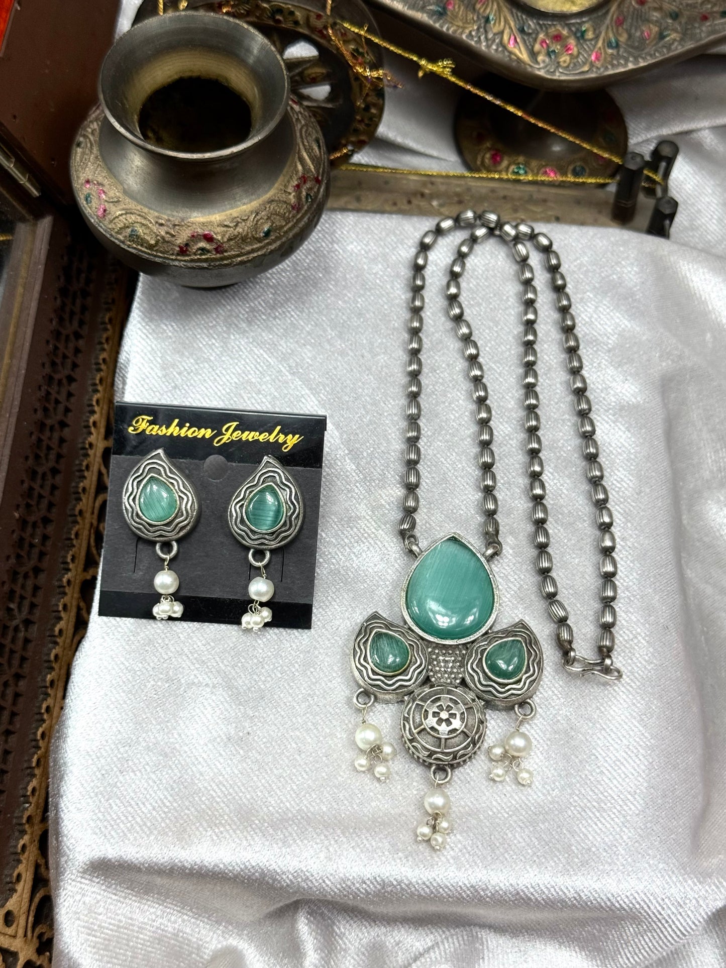 Premium Oxidised Ujala Pendant Set brass made