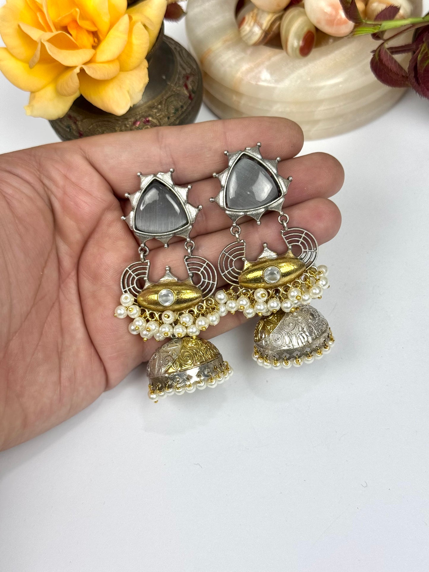Premium Oxidised Brass Made Dual tone Jhumka