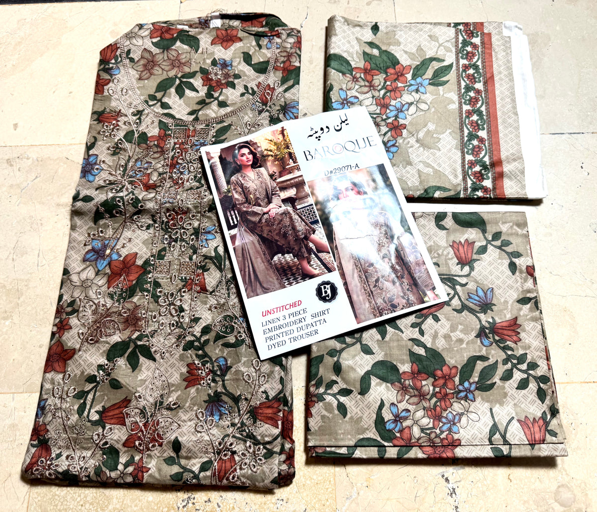 Libas-e-Shireen 3pcs Embroidered linen Suit A+ Quality Replica