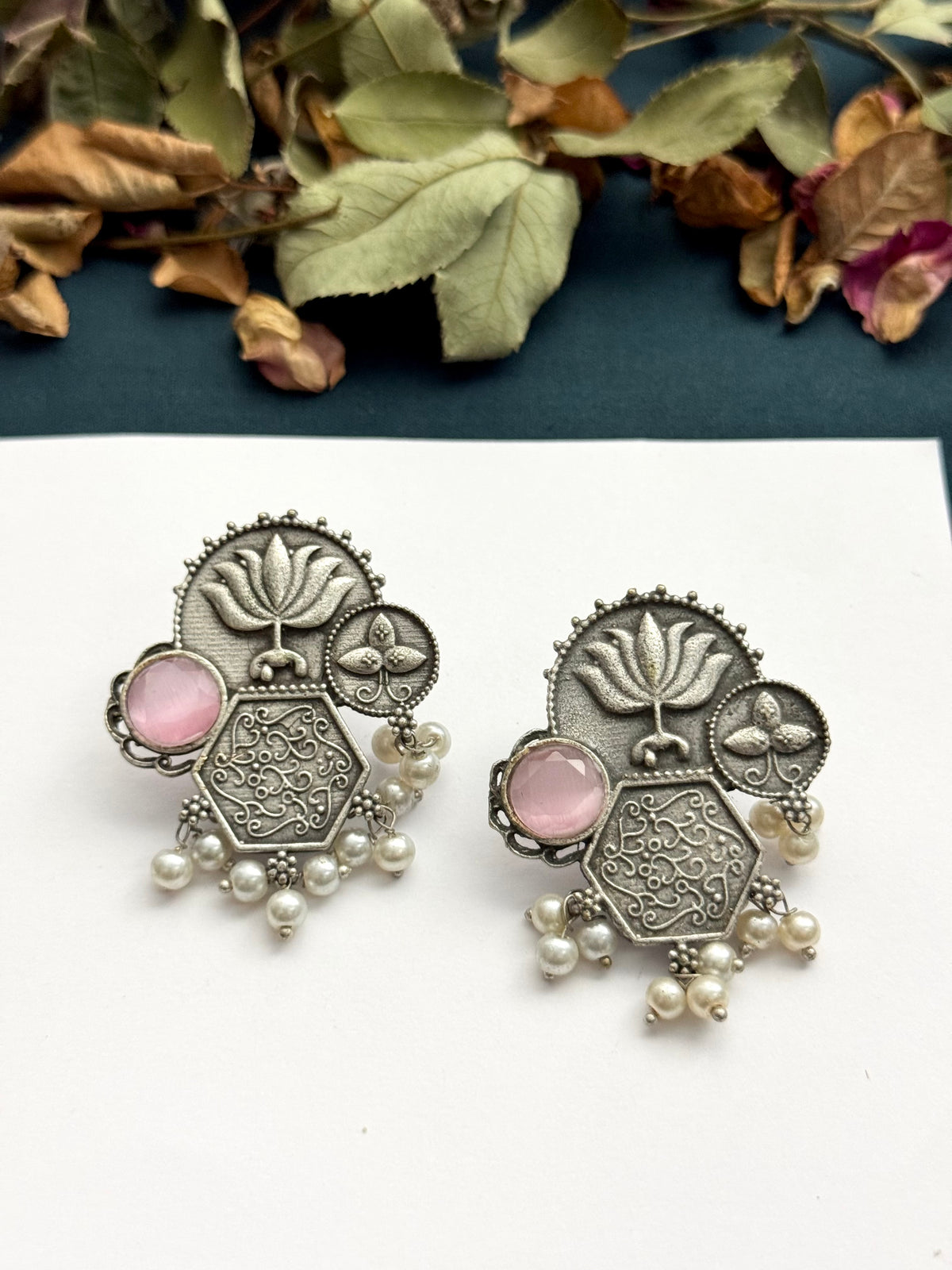 Premium brass made Oxidised Lotus Earrings