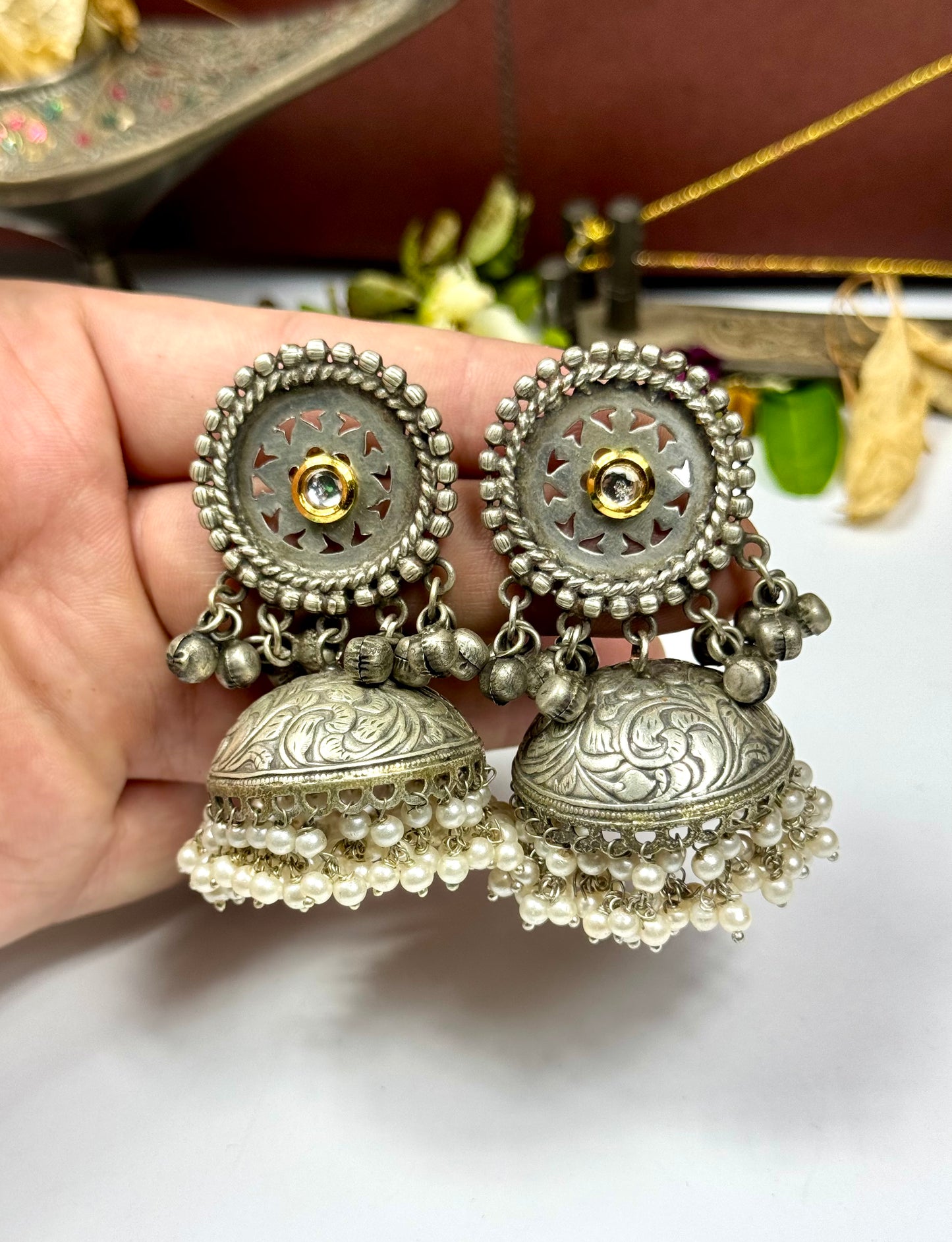 Premium Oxidised Nilofar Jhumka