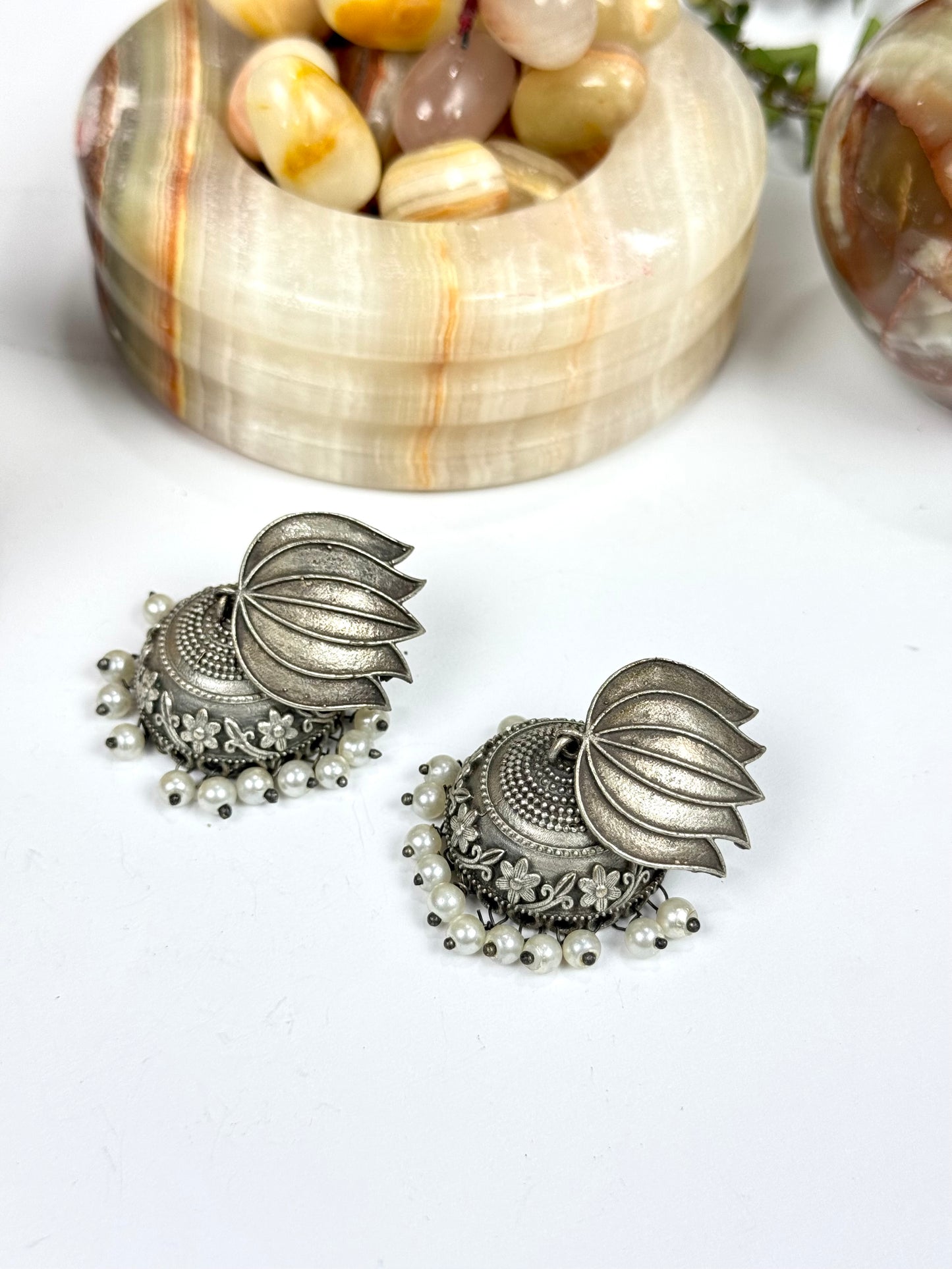 Brass made Premium Oxidised Lotus Jhumka