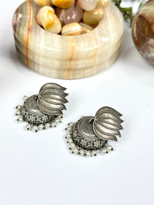 Brass made Premium Oxidised Lotus Jhumka
